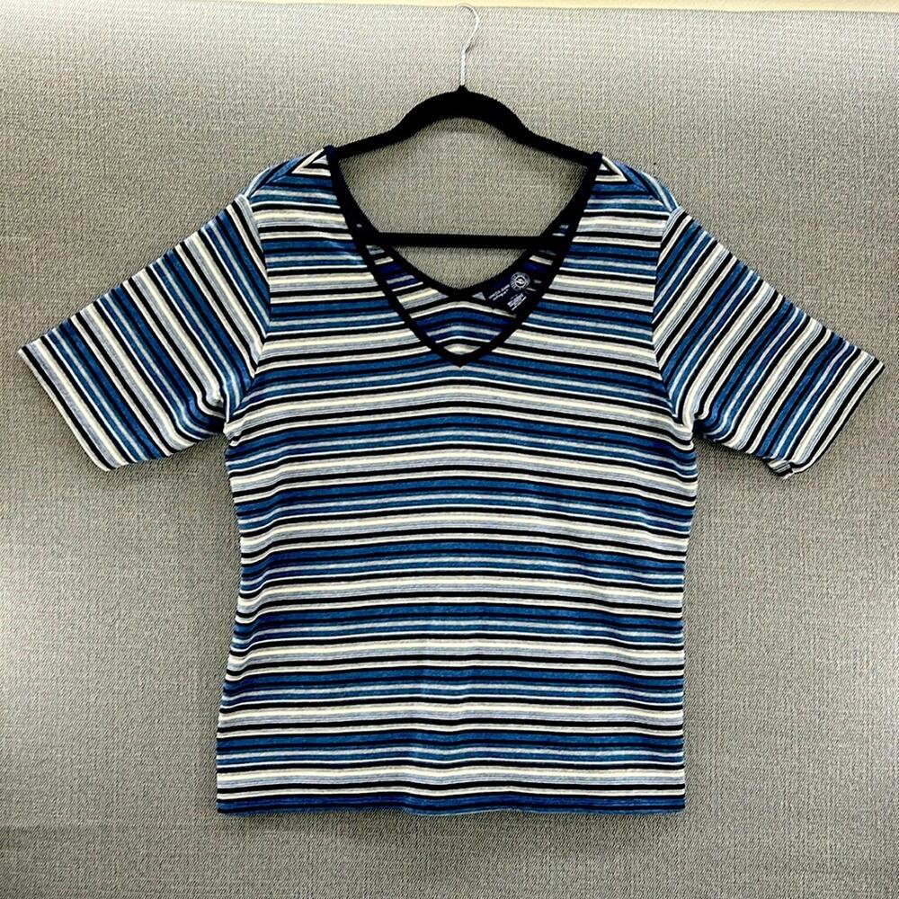 Venezia Jeans Womenโs V Neck Blue Striped Softโ Stretch T-Shirt Plus Size 14/16